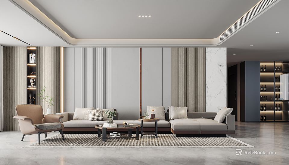 Modern Living Room Interior With Light Gray Sofa And Wooden Coffee Table 3d model 