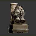 Classical Detailed Marble Lion Statue Reclining With Column On Stone Pedestal