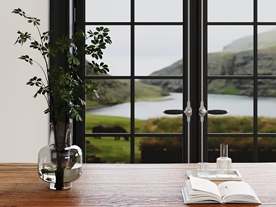 Cozy Window Side Table Setup With Green Foliage Vase Open Book And Natural Mountain View 3d model