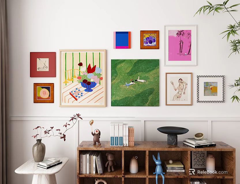 Home Interior Photo Wall With Various Art Frames Different Sizes And Decor Items 3d model