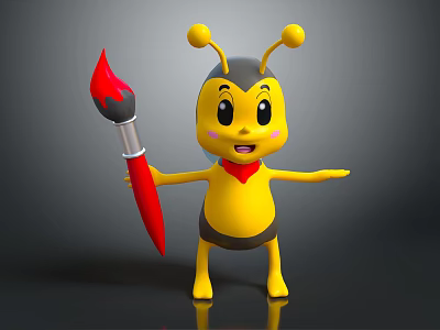 Cute Cartoon Bee Character Holding Red Paintbrush with Yellow Black Body and Red Bowtie 3d model