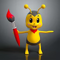 Cute Cartoon Bee Character Holding Red Paintbrush with Yellow Black Body and Red Bowtie
