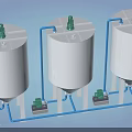 Industrial Equipment Featuring White Tanks With Green Top Devices Blue Pipes And Green Pumps