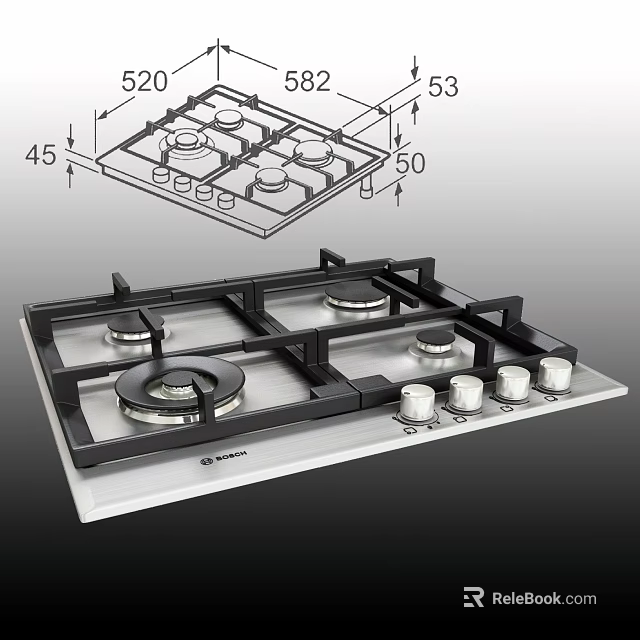 Stainless Steel Gas Stove With Four Burners And Control Knobs For Kitchen 3d model 