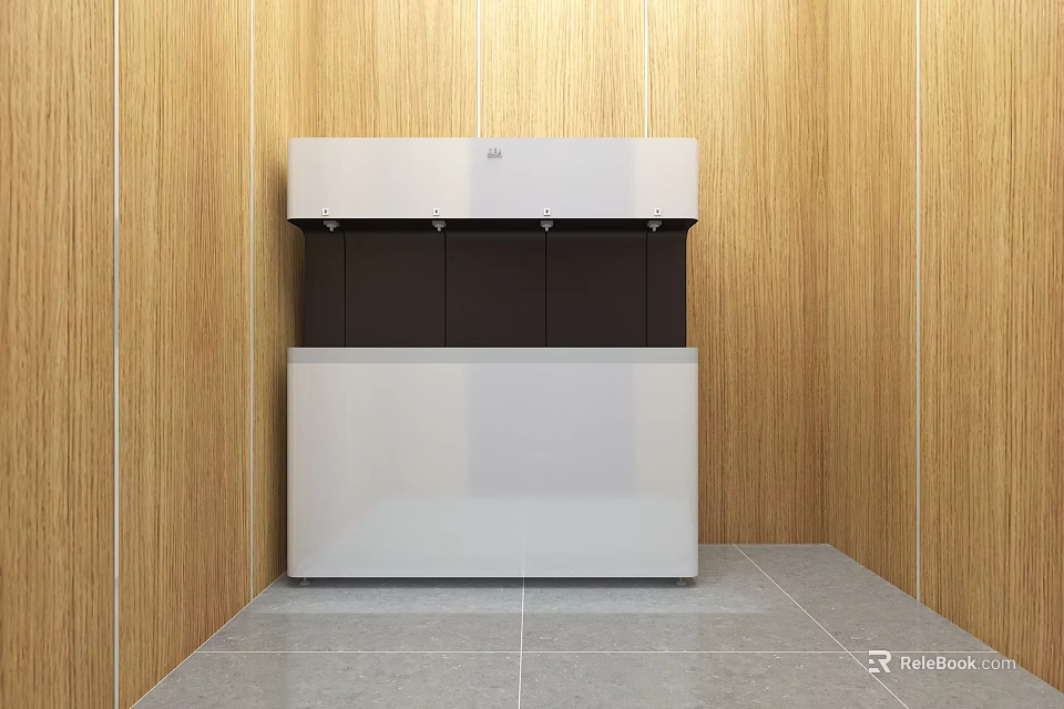 Modern Minimalist Kitchen With Embedded Appliance Wooden Walls And Gray Floor Tiles 3d model 