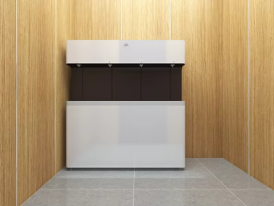 Modern Minimalist Kitchen With Embedded Appliance Wooden Walls And Gray Floor Tiles 3d model