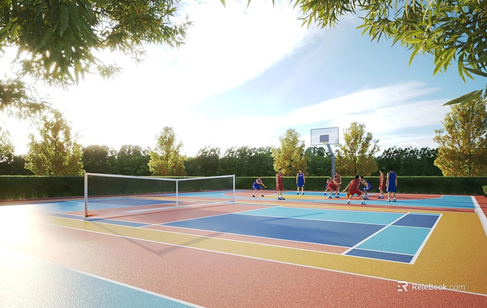 Colorful Outdoor Sports Court With Basketball Hoop Net And People Playing Under Trees Sunlight 3d model 