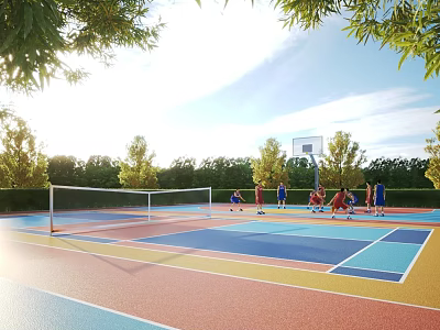 Colorful Outdoor Sports Court With Basketball Hoop Net And People Playing Under Trees Sunlight 3d model
