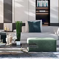 Modern Light Colored Sofa Coffee Table Set With Green Cushions And Ottoman 3d model