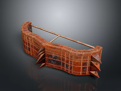 Ancient Red Curved Grid Textured Weapon with Spiked Ends and Metallic Surface Design 3d model