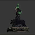 Witch Statue In Black Robe Holding Staff With Green Smoke Two Black Wolves Rock Base