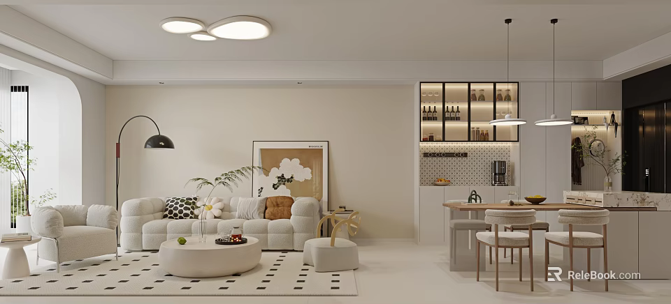 Modern Living Dining Room Interior With Sofa Dining Table Artwork And Decorative Lighting 3d model