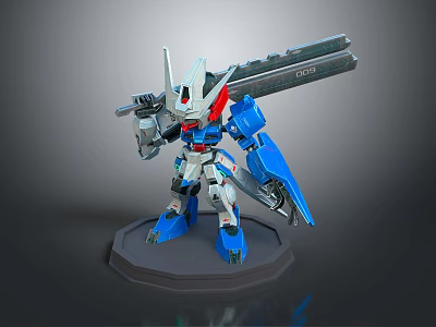 Blue And White Robot Action Figure With Red Accents And Large Sword On Display Base 3d model
