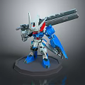Blue And White Robot Action Figure With Red Accents And Large Sword On Display Base