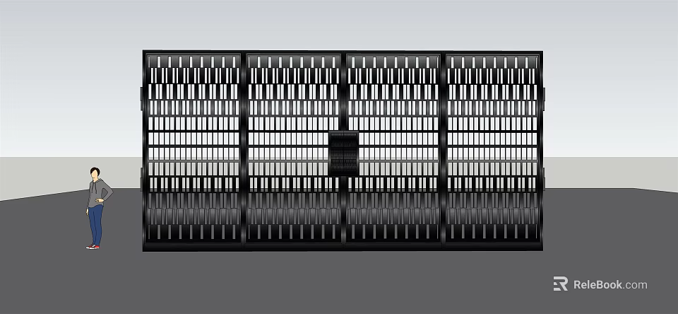 Black Metal Gate With Vertical Slat Design And Four Panel Structure Reflective Base 3d model 