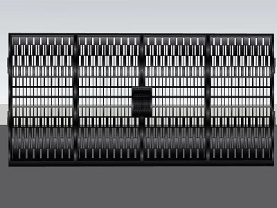 Black Metal Gate With Vertical Slat Design And Four Panel Structure Reflective Base 3d model