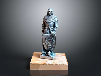 3D Model of Knight in Armor Holding Shield on Marble Base 3d model