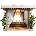 Cozy Outdoor Gazebo Structure With White Curtains And Wooden Furniture Surrounded By Green Plants