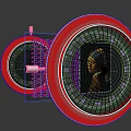 Circular Device Displaying Girl with a Pearl Earring Artwork and Colorful Dots