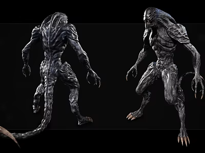 Game Movie Alien Creature 3D Model Design With Sharp Claws Dark Skin Two Views 3d model