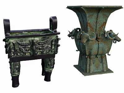 Ancient Chinese Bronze Ritual Vessels With Intricate Animal Motifs And Decorative Patterns 3d model