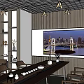 Modern Tea Room Interior With Long Table Chairs Graffiti Whiteboard And Cityscape Paintings