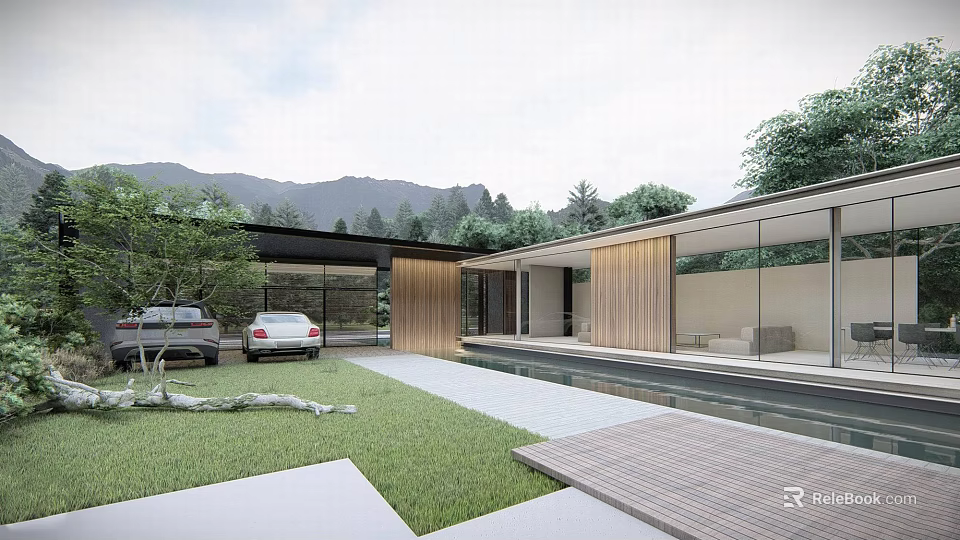 Modern Detached Villa With Mountain Backdrop Lush Garden And Glass Wooden Facade 3d model 