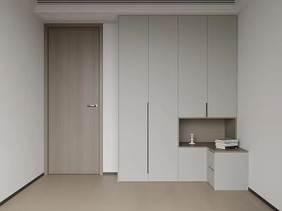 Minimalist Modern Wardrobe In Light Grey With Panel Design And Side Storage Counter 3d model