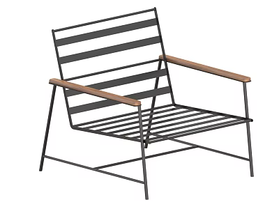 Stylish Outdoor Chair With Black Metal Frame Wooden Armrests And Slatted Design 3d model