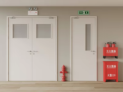 Fire Equipment Including Red Hydrant And Extinguisher Cabinet By White Doors With Signs 3d model