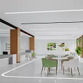 Modern Bank Interior With Open Space Reception Desk Tables Chairs Green Plants And Posters