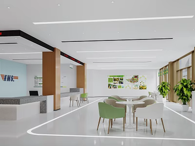 Modern Bank Interior With Open Space Reception Desk Tables Chairs Green Plants And Posters 3d model