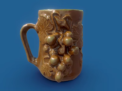 Brown Ceramic Cup With Embossed Grapes And Leaves Pattern On Blue Background 3d model