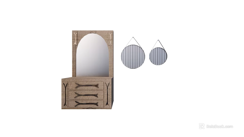 Wooden Dresser Mirror With Drawers And Striped Hanging Round Mirrors 3d model 