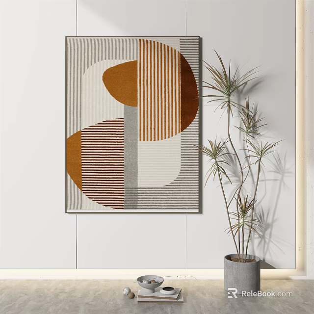 Abstract Wall Art With Geometric Patterns And Potted Plant On White Wall 3d model