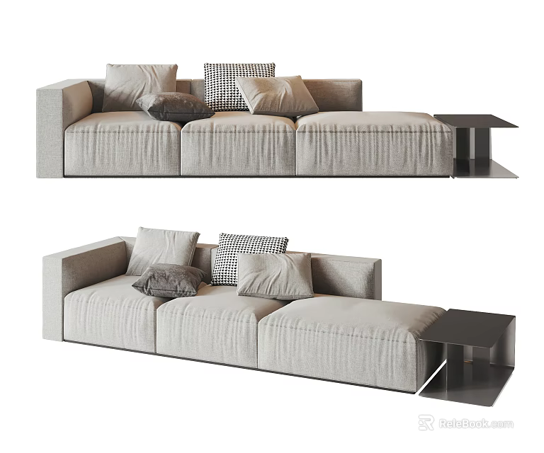 Beige Fabric Three Seater Sofa With Cushions And Side Table 3d model