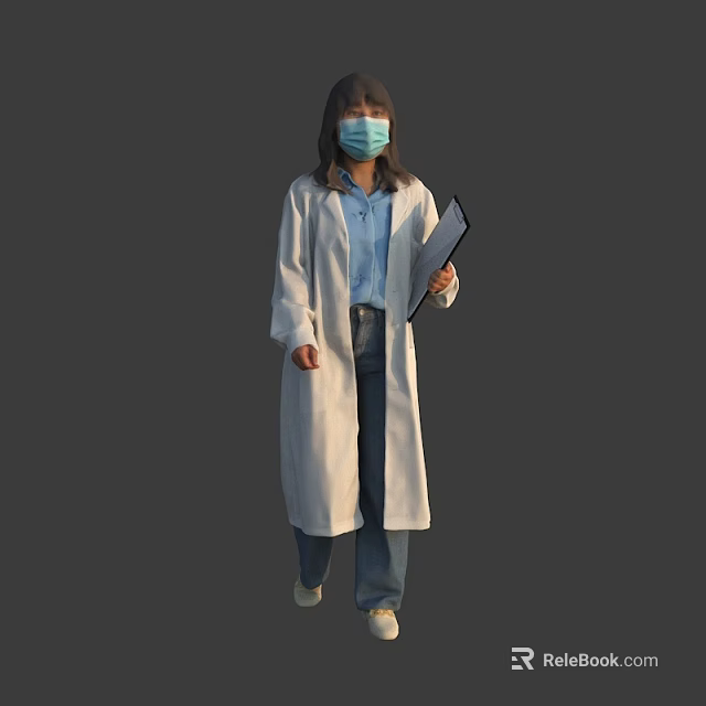Woman Wearing Mask In Long White Coat With Blue Shirt Jeans Clipboard And Gray Background 3d model 