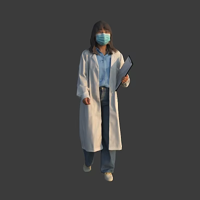 Woman Wearing Mask In Long White Coat With Blue Shirt Jeans Clipboard And Gray Background 3d model