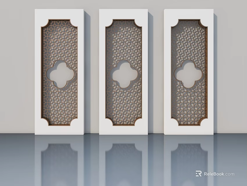 White Swing Panel Doors With Intricate Cutout Patterns And Decorative Center Design 3d model