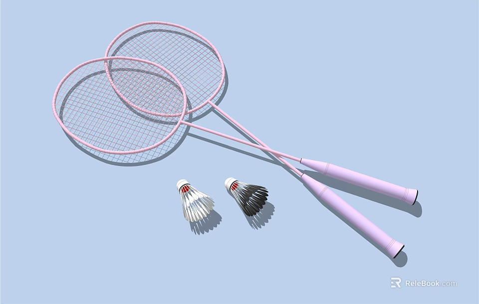Pink Handle Badminton Rackets With White And Black Shuttlecocks Sports Equipment 3d model 