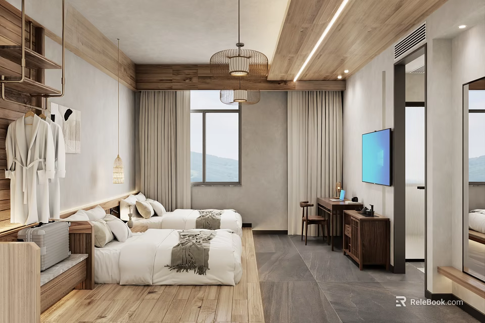 Cozy Wooden Hotel Guest Room With Twin Beds Mountain View Window TV And Curtains 3d model 