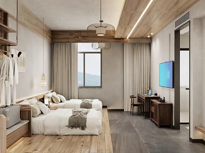 Cozy Wooden Hotel Guest Room With Twin Beds Mountain View Window TV And Curtains 3d model