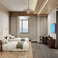 Cozy Wooden Hotel Guest Room With Twin Beds Mountain View Window TV And Curtains