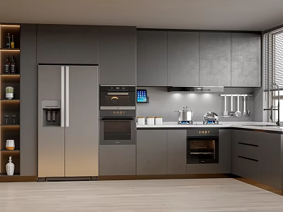 Modern Kitchen Interior With Gray Cabinets Stainless Steel Refrigerator And Built In Oven 3d model
