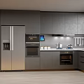 Modern Kitchen Interior With Gray Cabinets Stainless Steel Refrigerator And Built In Oven