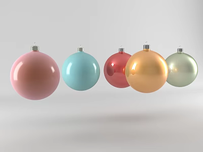 Five Colorful Christmas Ball Ornament Set Hanging Side by Side on Light Background 3d model