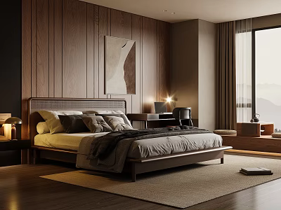Modern Bedroom With Wooden Wall Paneling Bed Gray Bedding Nightstand Lamp Window Curtains 3d model