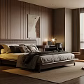 Modern Bedroom With Wooden Wall Paneling Bed Gray Bedding Nightstand Lamp Window Curtains