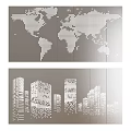 Decorative Wall Panels Featuring Dot Pattern World Map And City Building Silhouettes 3d model