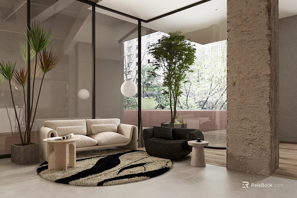 Modern Reception Area With Beige Sofa Green Plants Large Windows And Round Rug 3d model 